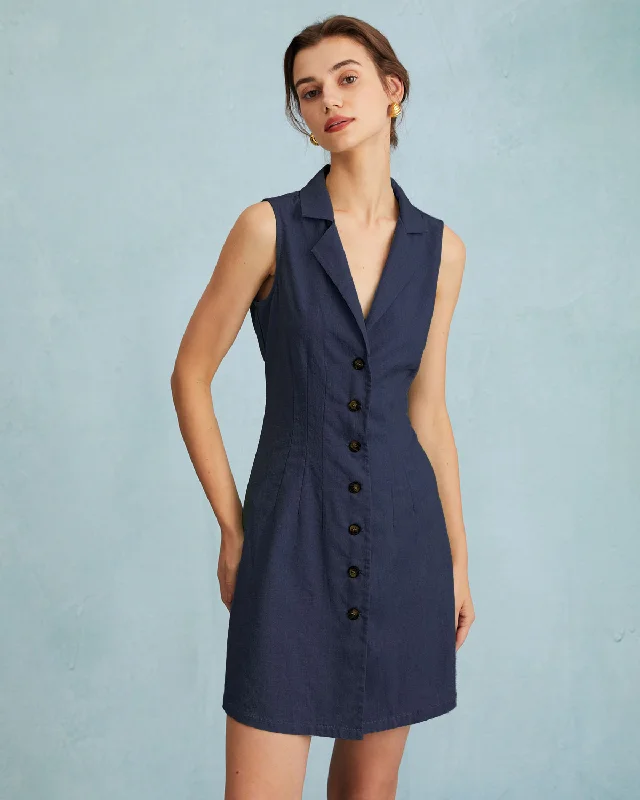 Dresses for brand launches-The Navy Lapel Button-up Sleeveless Mini Dress