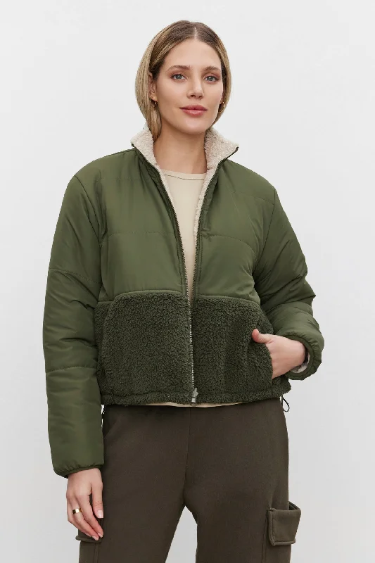 Jackets with belt-TASHA REVERSIBLE PUFFER SHERPA JACKET