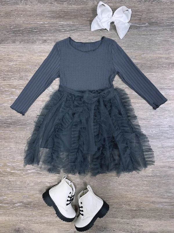 Dresses for chic outfits-Dark Gray Ribbed Knit Frill Chiffon Girls Boutique Dress