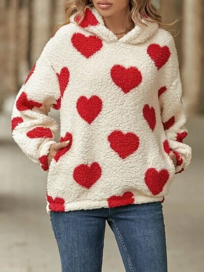 Hoodies & Sweatshirts themed-Fuzzy Heart Pocketed Dropped Shoulder Hoodie