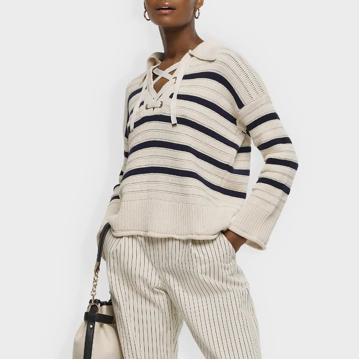 Sweaters in shale-Ladies Striped Tieneck Jumper