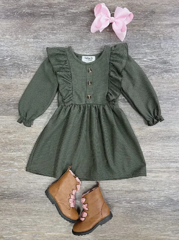 Dresses for Chinese weddings-Olive Green Waffle Knit Girls Ruffle Trim Long Sleeve Dress