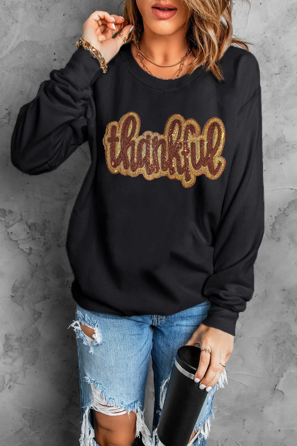 Hoodies & Sweatshirts youthful-THANKFUL Round Neck Long Sleeve Sweatshirt