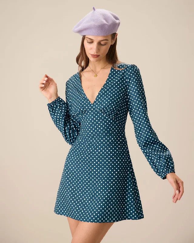 Dresses for cocktail evenings-Women's Navy V-neck Polka Dot Mini Dress