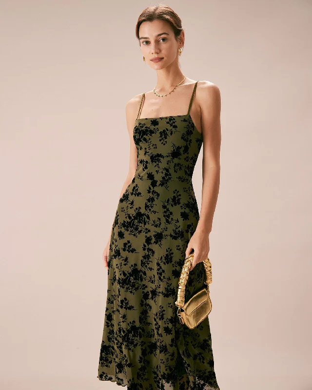 Dresses with silk fabric-The Green Floral Burnout A-Line Slip Midi Dress