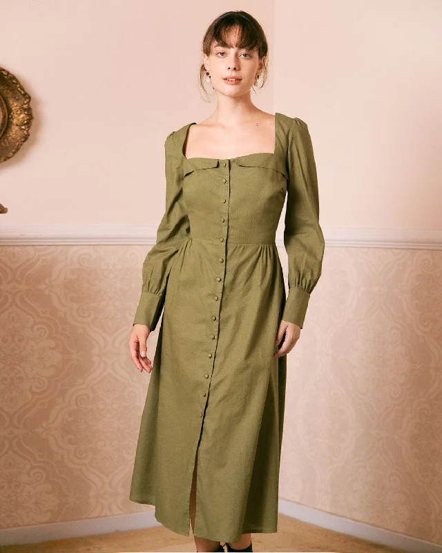 Dresses for stargazing-The Green Sweetheart Neck Button Midi Dress