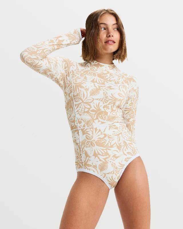 Swimwear for activewear-Palm Palm Long Sleeve One-Piece Swimsuit - Ginger Root Suntrip