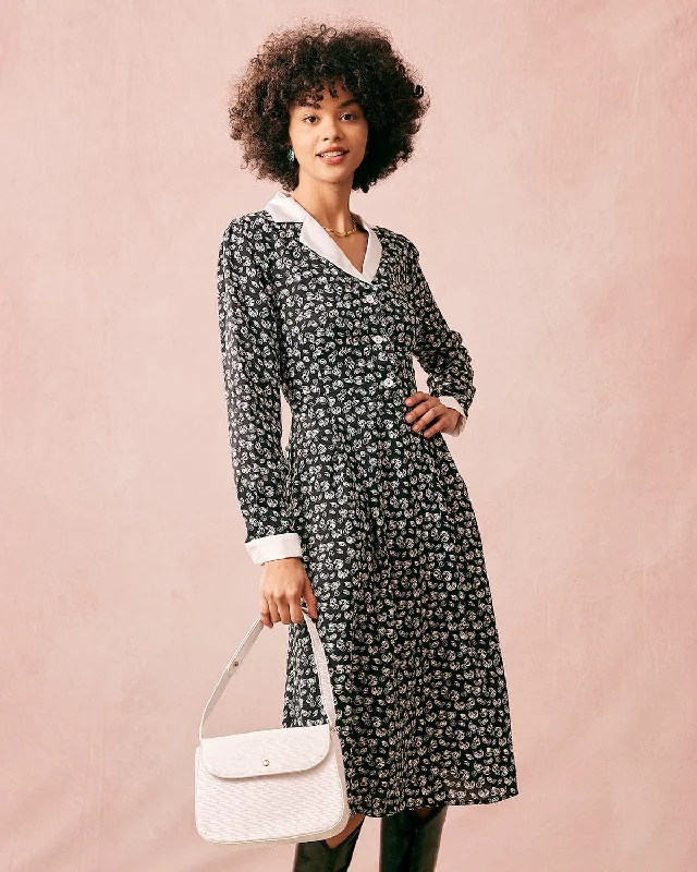 Dresses for villas-The Collared Patchwork Long Sleeve Midi Dress