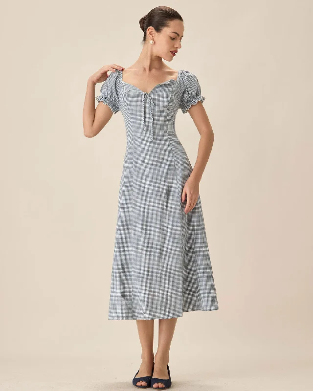 Dresses for fashion shows-Blue Plaid Sweetheart Neck Midi Dress