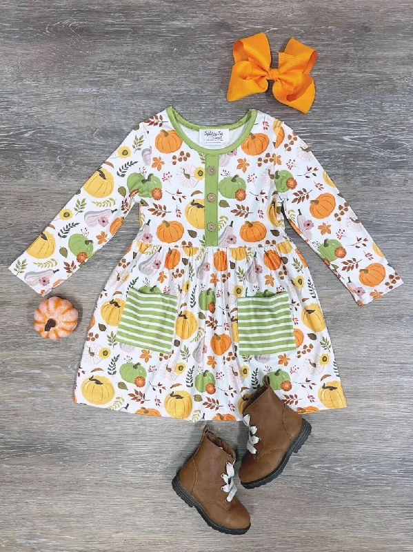 Dresses for destination weddings-Pumpkin Season Green Striped Pocket Girls Dress