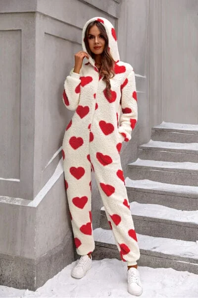 Hoodies & Sweatshirts costume-Fuzzy Heart Zip Up Hooded Lounge Jumpsuit