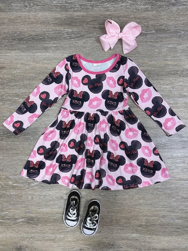 Dresses for kids-Kiss the Mouse Girls Pink & Black Long Sleeve Dress