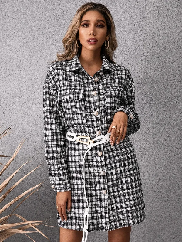 Dresses for forest weddings-Pocketed Plaid Long Sleeve Mini Dress