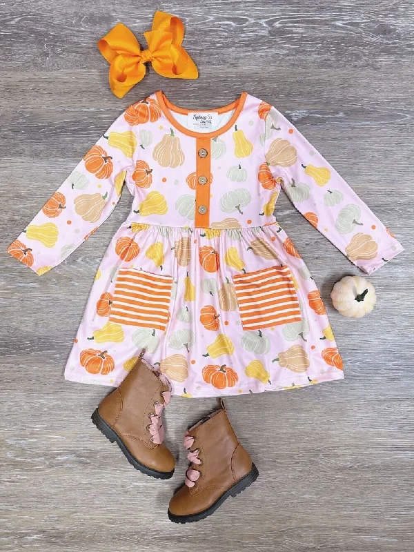 Dresses for wedding guests-Pumpkin Season Orange Striped Pocket Girls Dress