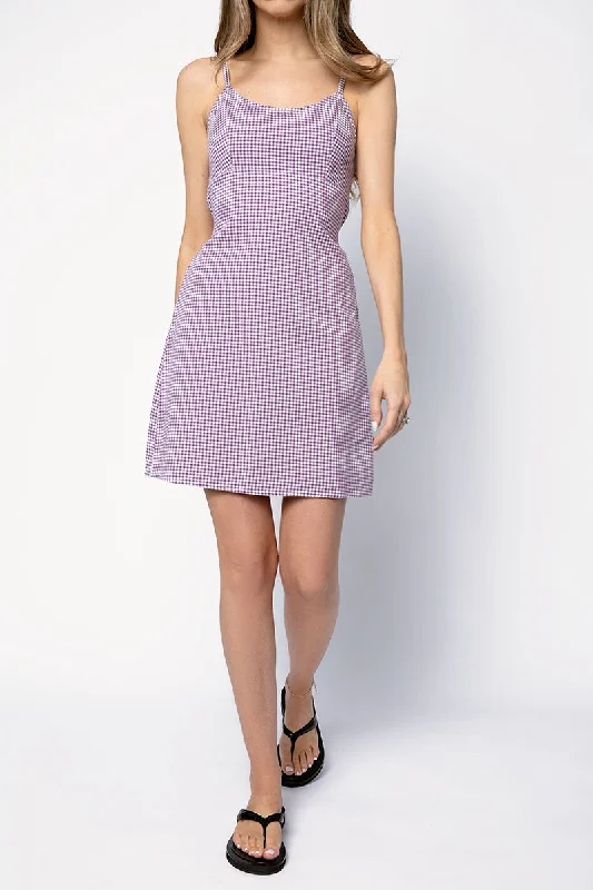 Dresses for barn weddings-Empire Waist Mini Dress in Purple Gingham