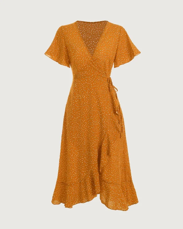 Dresses for everyday wear-The Yellow Polka Dot Ruffle Wrap Dress