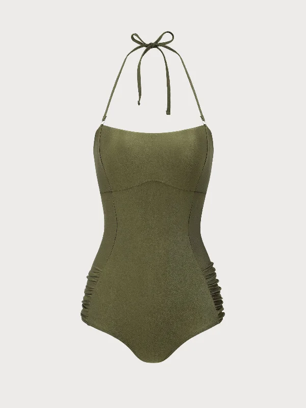 Swimwear for seniors-Green Ruched Halter One-Piece Swimsuit