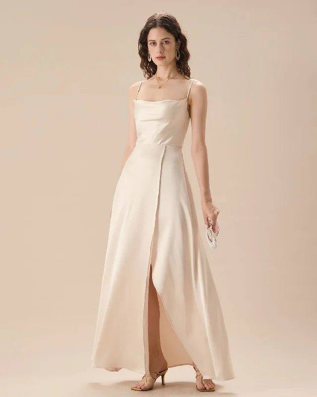 Dresses for product reveals-Apricot Satin Cowl Neck Slip Maxi Dress