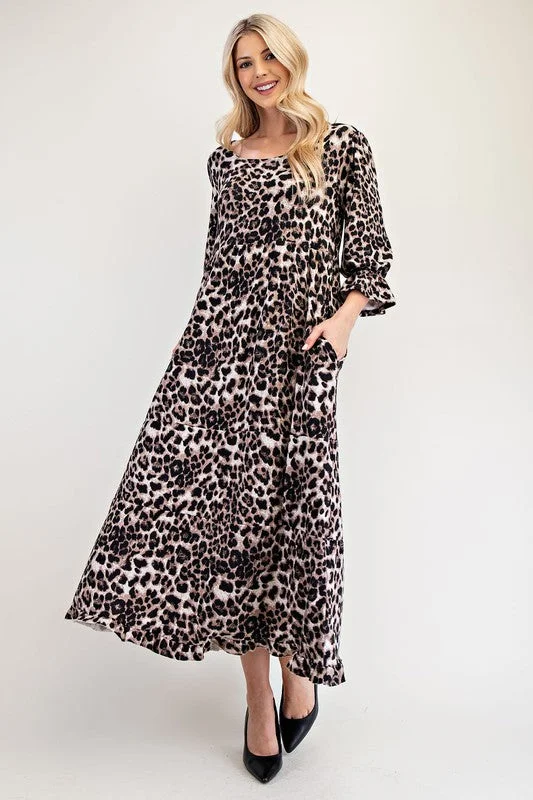 Dresses with slit-Celeste Full Size Leopard Round Neck Flounce Sleeve Dress