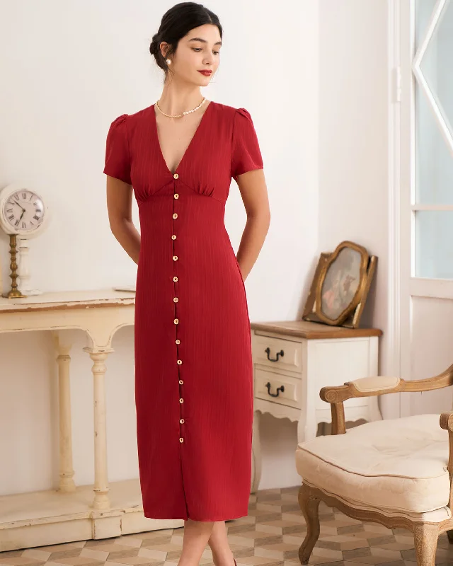 Dresses for subtle elegance-The Red V Neck Shirred Puff Sleeve Midi Dress