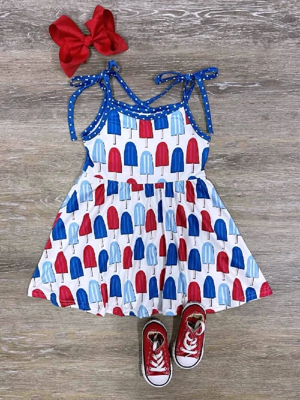 Dresses with bold colors-Popsicle Party USA Girls Tie Strap Patriotic Tank Dress