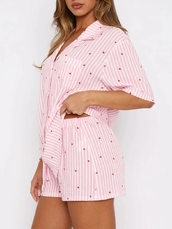 Best tips for public relations-Valentine's Day Printed Collared Neck Short Sleeve Top and Shorts Set