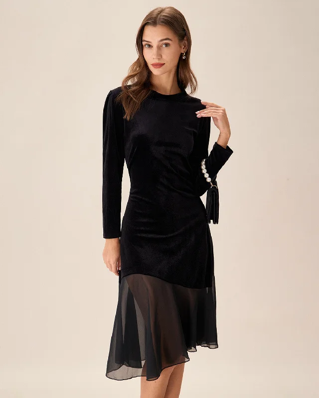 Dresses for meditation sessions-Black Contrasting Velvet Midi Dress