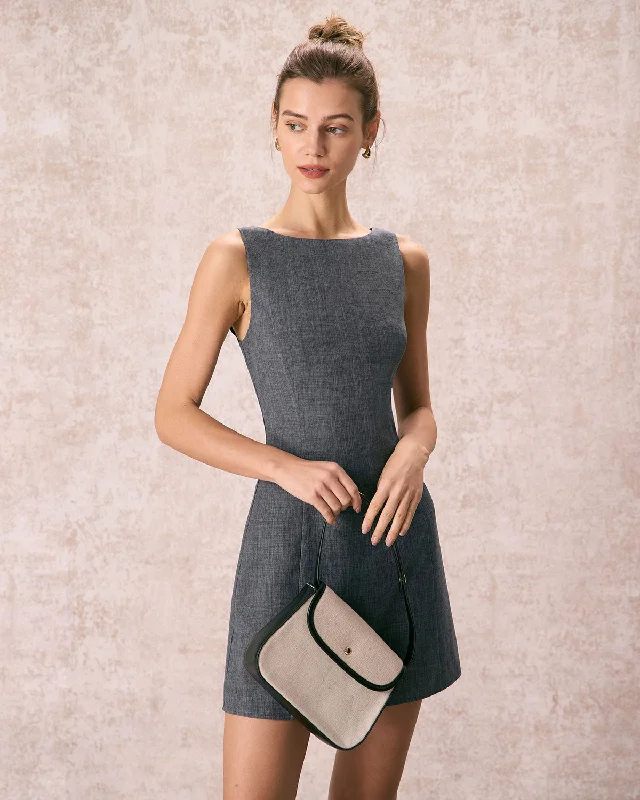 Dresses with metallic finish-The Grey Boat Neck Sleeveless Mini Dress