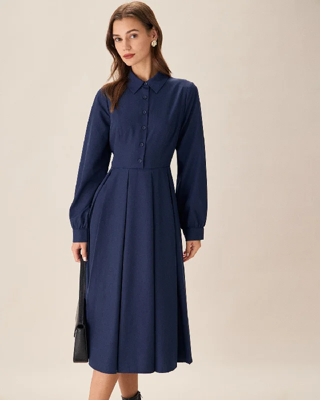 Dresses for food festivals-Navy Pleated Button Midi Dress