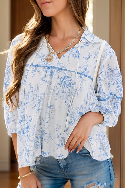 Women's Clothing suits-Printed Tie Neck Three-Quarter Sleeve Blouse