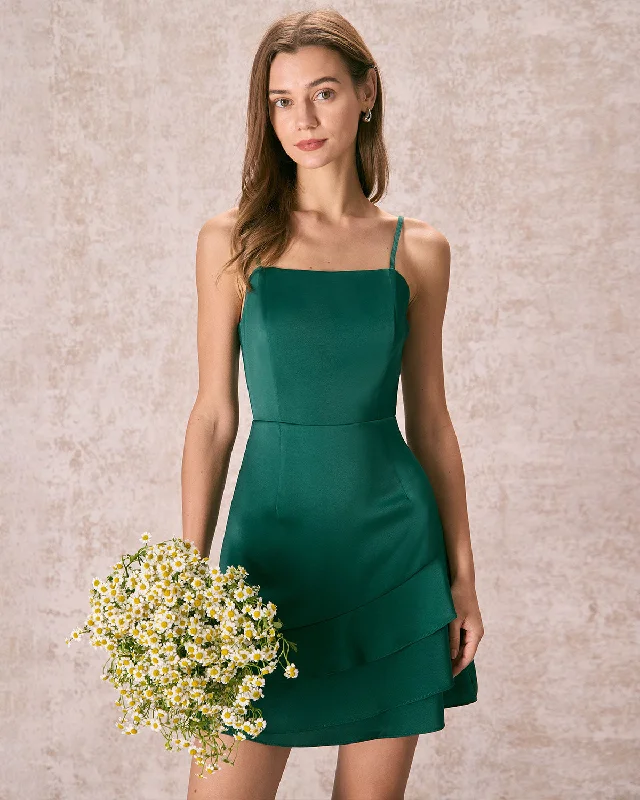 Dresses for baking parties-The Green Satin Ruffle Hem Slip Mini Dress