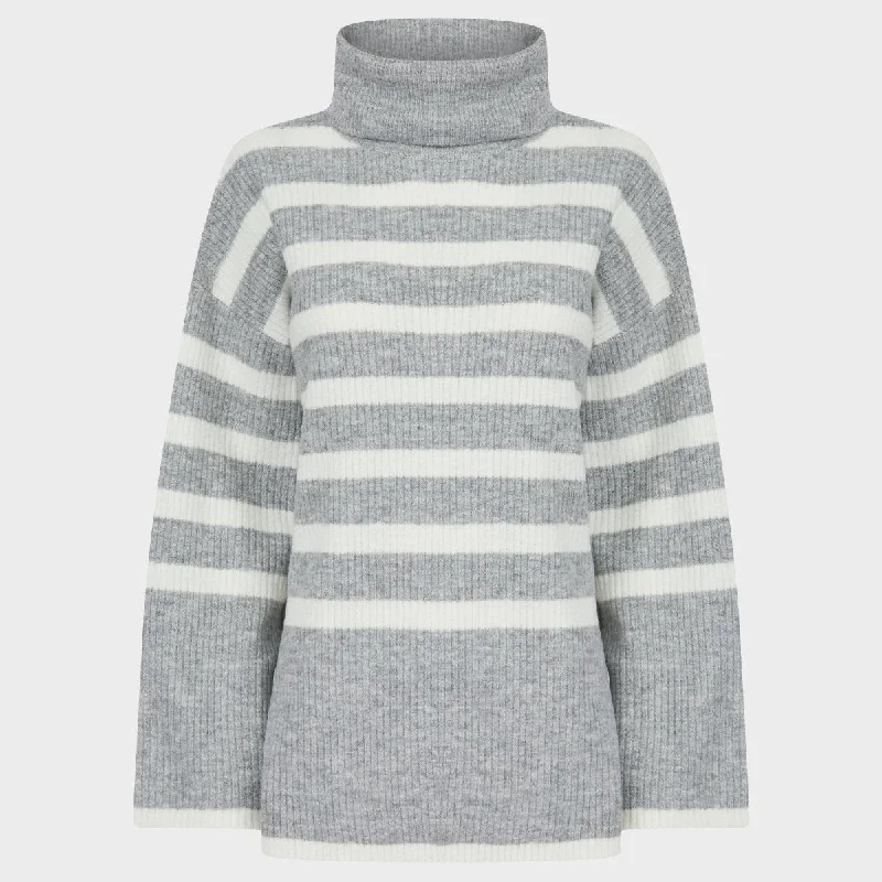 Sweaters in currant-Ladies Grey Stripe Roll Neck Jumper