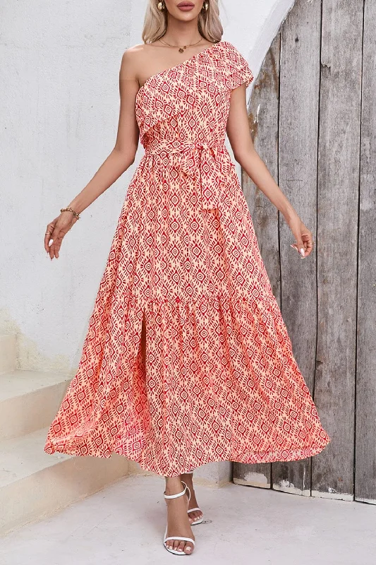 Dresses for tea length-Slit Printed Single Shoulder Tie Waist Dress