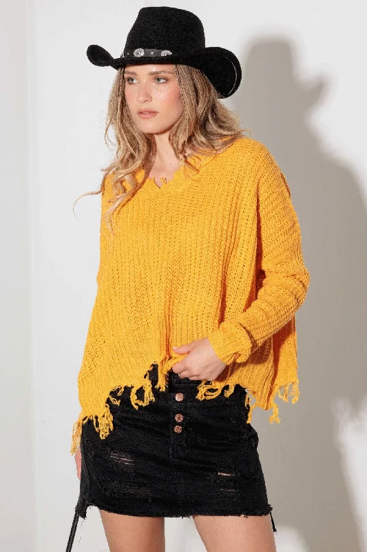 Sweaters for macrame classes-V-Neck Long Sleeve Destroyed Hem Sweater