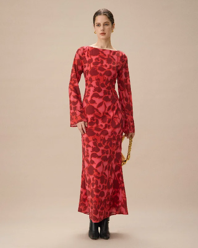 Dresses for magic shows-Red Floral Bell Sleeve Maxi Dress