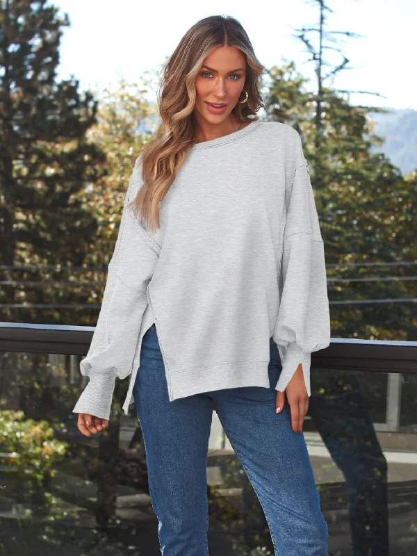 Hoodies & Sweatshirts magazine-Slit Round Neck Long Sleeve Sweatshirt