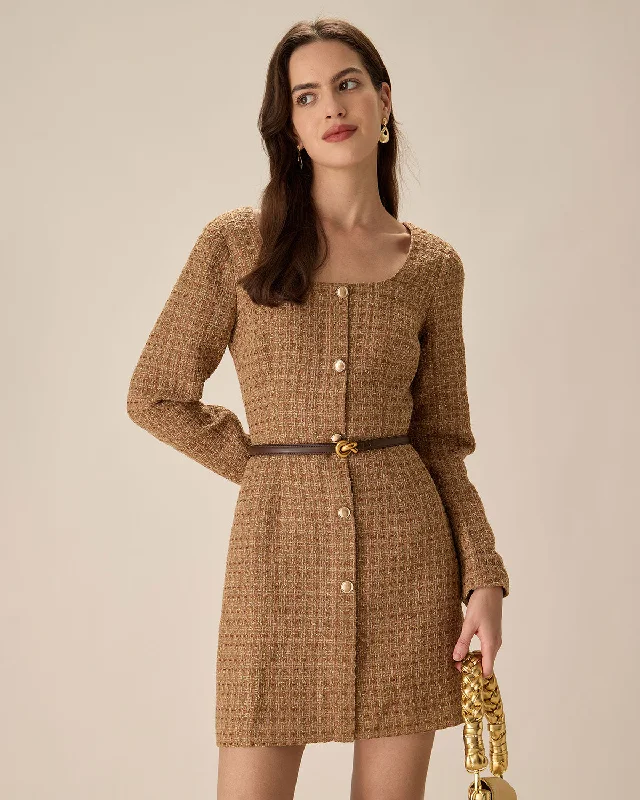 Dresses for movie nights-Brown U Neck Button-Up Tweed Mini Dress