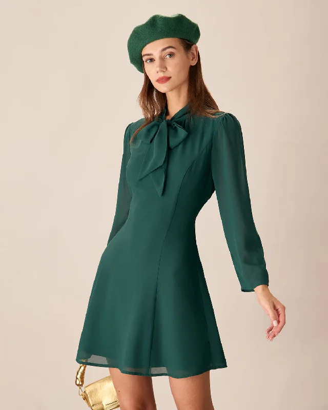 Dresses for dinner dates-Green Tie Neck See-Through Mini Dress