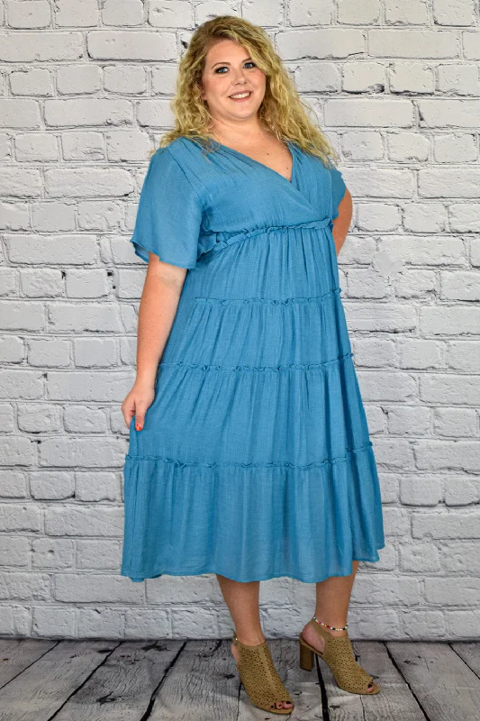 Dresses for cottages-Smocked V-Neck Tiered Maxi Dress in Plus Size by Umgee Clothing