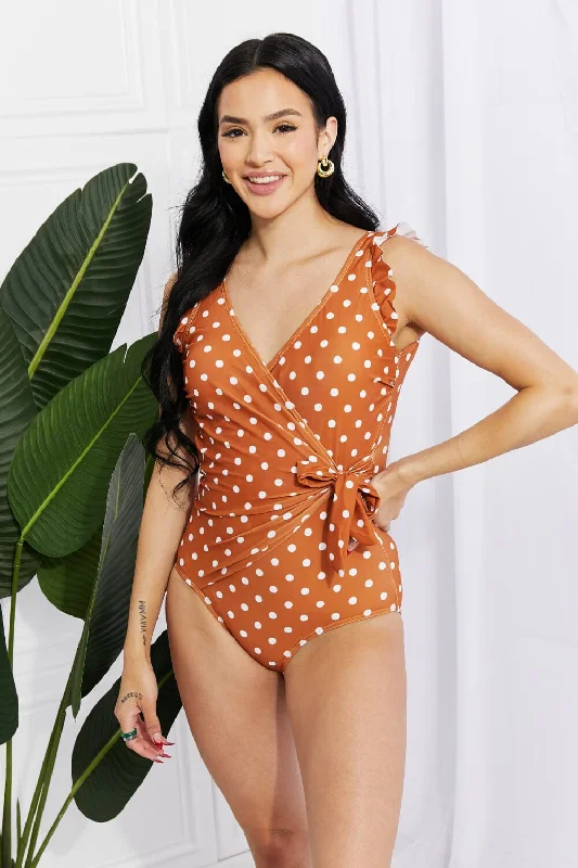 Swimwear chlorine resistant-Marina West Swim Full Size Float On Ruffle Faux Wrap One-Piece in Terracotta