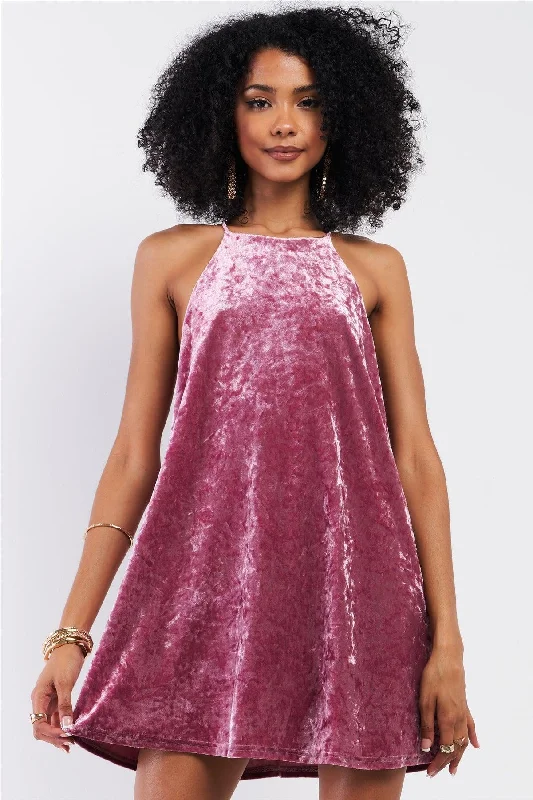 Dresses for sunset ceremonies-Pink Rose Velvet Square Halter Neck Mini Dress