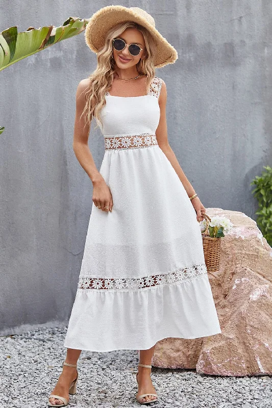 Dresses for teens-Flower Crochet Wide Strap Midi Dress