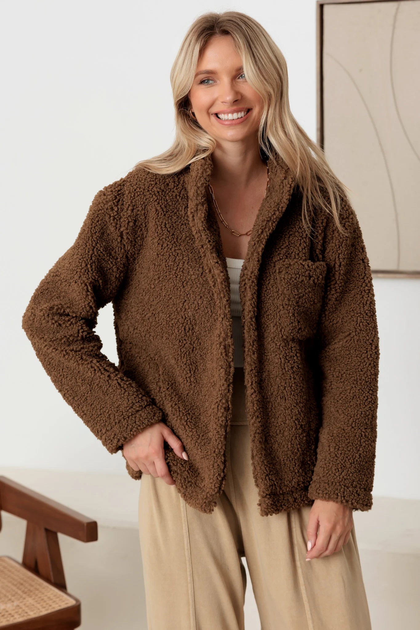 Jackets for minimalist-Faux Shearling Long Sleeve Shaggy Jacket