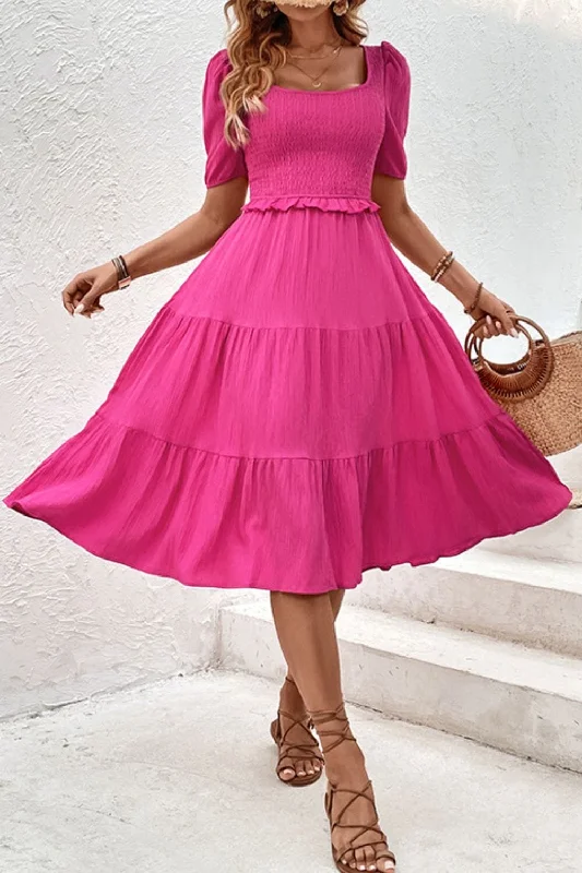 Dresses for skater dress-Square Neck Puff Sleeve Cutout Dress