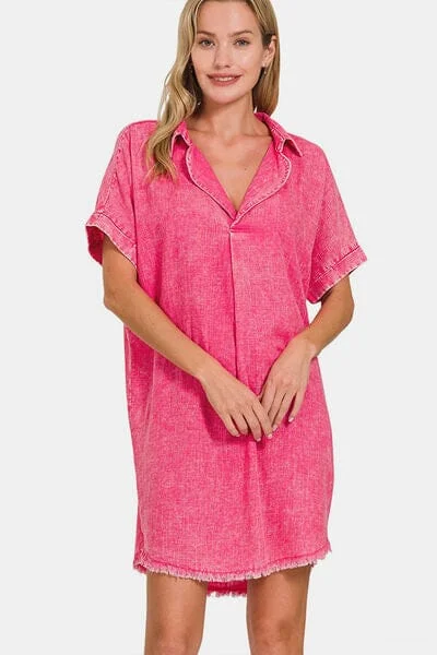 Dresses for desert trips-Zenana Washed Linen V-Neck Raw Hem Dress