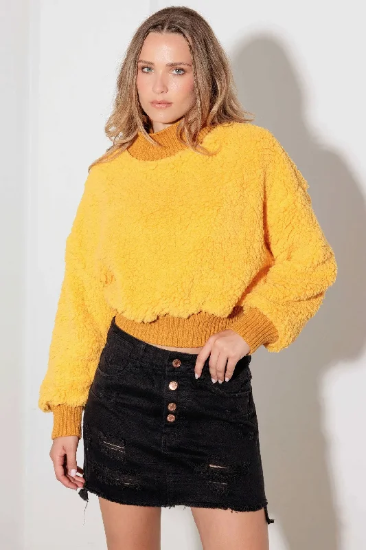 Sweaters in hollow-Fuzzy Ribbed Mock Neck Teddy Crop Sweater