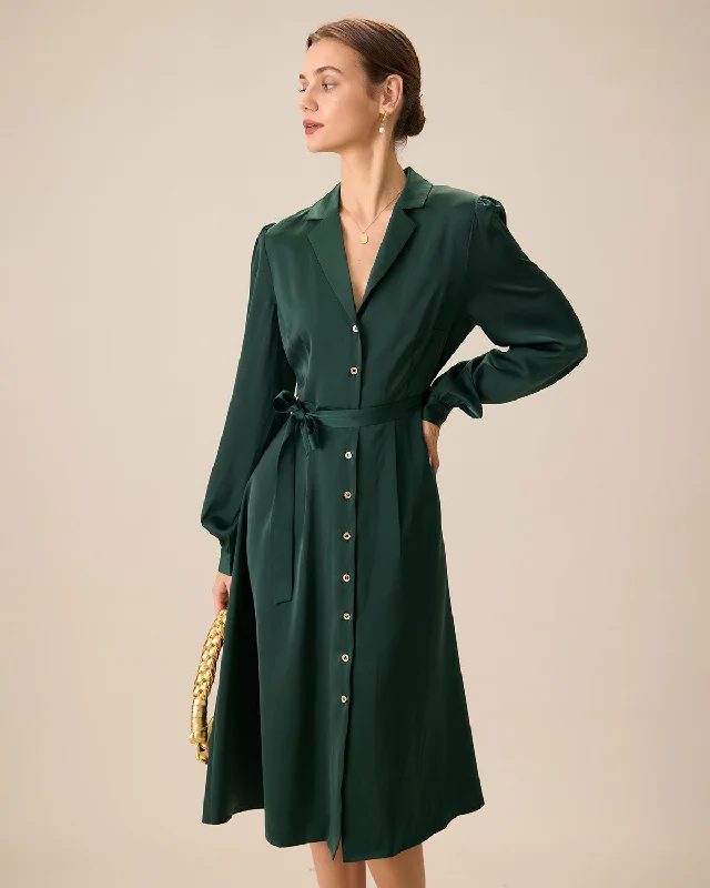 Dresses for staycations-Green Satin Button Midi Dress