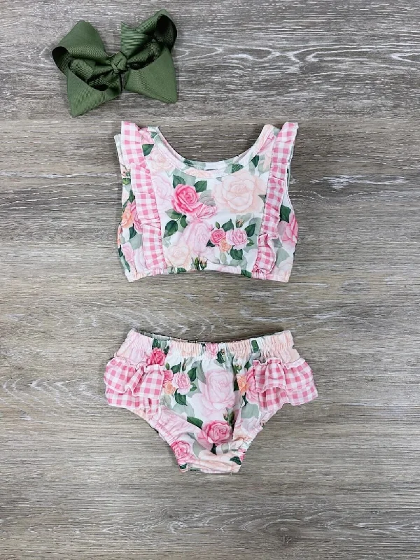 Swimwear for busty women-Country Floral Pink Girls Gingham Plaid Ruffle 2 Piece Swimsuit