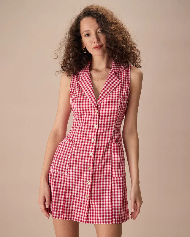 Dresses for markets-The Lapel Plaid Sleeveless Cotton Pocket Mini Dress