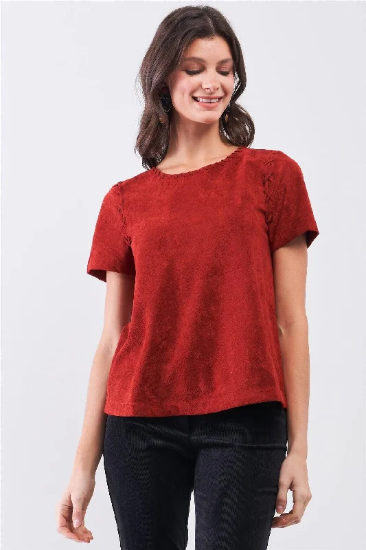 Best budget smartphones 2025-Rust Red Faux Suede Short Sleeve Round Neck Cross Stitching Detail Relaxed Top